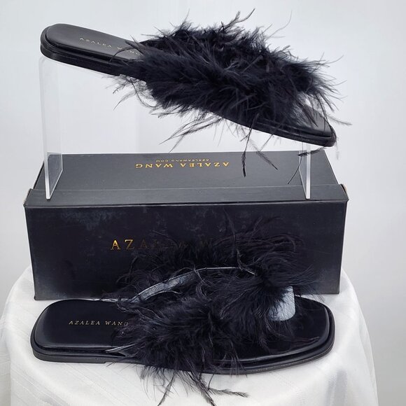 AZALEA WANG Pammy Black Maribou Feather Flat Thong Sandals Slippers 7.5 NWT - Picture 7 of 16